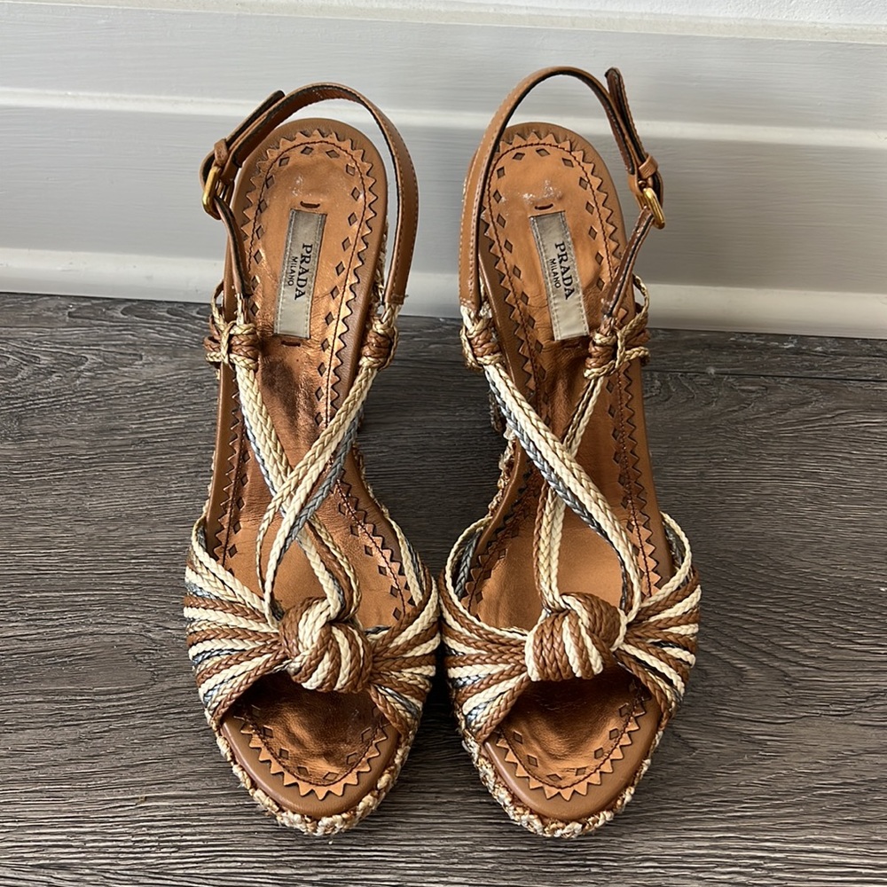 Prada Brown, Tan and Cream Braided Platform Sandals - Picture 3 of 14